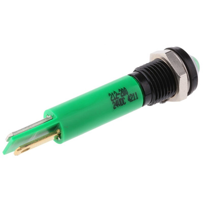 RS PRO Green Panel Mount Indicator, 24V dc, 8mm Mounting Hole Size, Faston, Solder Lug Termination, IP67