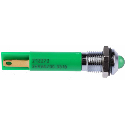 RS PRO Green Panel Mount Indicator, 24V dc, 8mm Mounting Hole Size, Solder Tab Termination, IP67
