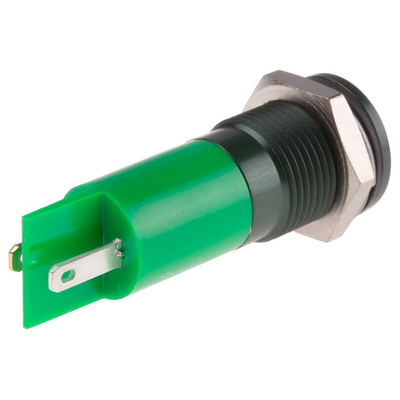 RS PRO Green Panel Mount Indicator, 24V dc, 14mm Mounting Hole Size, Faston, Solder Lug Termination, IP67