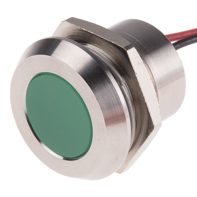 RS PRO Green Panel Mount Indicator, 28V dc, 22mm Mounting Hole Size, Lead Wires Termination, IP67