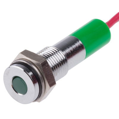 RS PRO Green Panel Mount Indicator, 24V dc, 6mm Mounting Hole Size, Lead Wires Termination, IP67