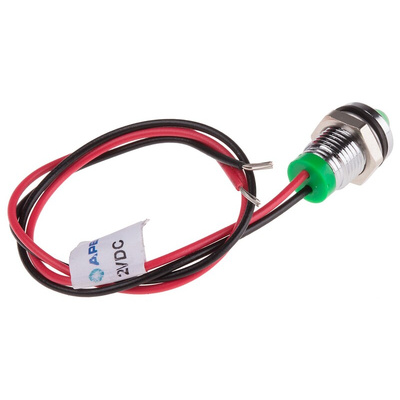 RS PRO Green Panel Mount Indicator, 2V dc, 8mm Mounting Hole Size, Lead Wires Termination, IP67