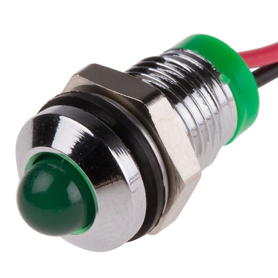RS PRO Green Panel Mount Indicator, 2V dc, 8mm Mounting Hole Size, Lead Wires Termination, IP67
