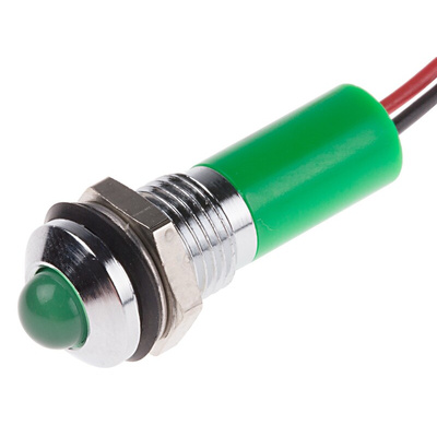 RS PRO Green Panel Mount Indicator, 12V dc, 8mm Mounting Hole Size, Lead Wires Termination, IP67