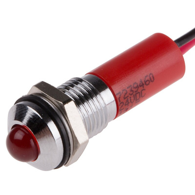 RS PRO Red Panel Mount Indicator, 24V dc, 8mm Mounting Hole Size, Lead Wires Termination, IP67