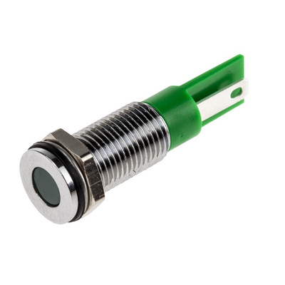 RS PRO Green Panel Mount Indicator, 6V dc, 8mm Mounting Hole Size, Faston, Solder Lug Termination, IP67