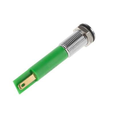 RS PRO Green Panel Mount Indicator, 220V ac, 8mm Mounting Hole Size, Faston, Solder Lug Termination, IP67