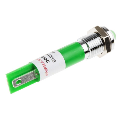 RS PRO Green Panel Mount Indicator, 12V ac, 8mm Mounting Hole Size, Solder Tab Termination