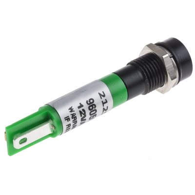 RS PRO Green Panel Mount Indicator, 12V, 8mm Mounting Hole Size, Solder Tab Termination, IP67