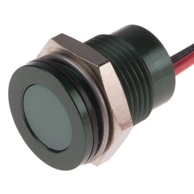 RS PRO Green Panel Mount Indicator, 220V ac, 14mm Mounting Hole Size, Lead Wires Termination, IP67