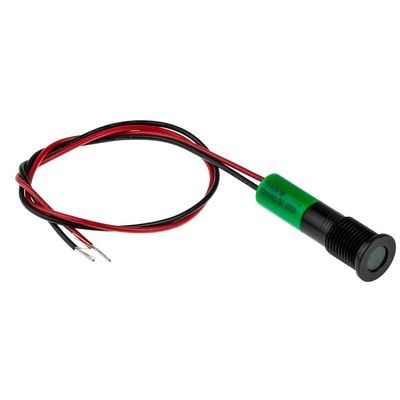 RS PRO Green Panel Mount Indicator, 220V ac, 8mm Mounting Hole Size, Lead Wires Termination, IP67