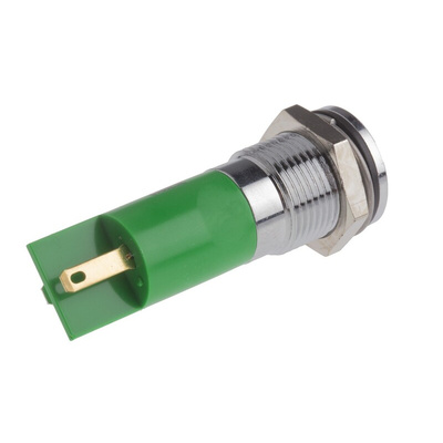 RS PRO Green Panel Mount Indicator, 12V dc, 14mm Mounting Hole Size, Solder Tab Termination, IP67