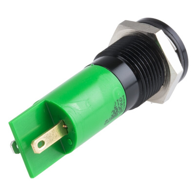 RS PRO Green Panel Mount Indicator, 12V dc, 14mm Mounting Hole Size, Solder Tab Termination, IP67