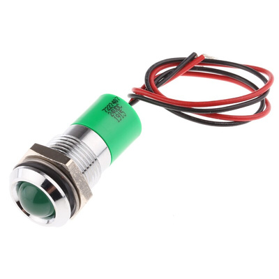 RS PRO Green Panel Mount Indicator, 24V dc, 14mm Mounting Hole Size, Lead Wires Termination, IP67