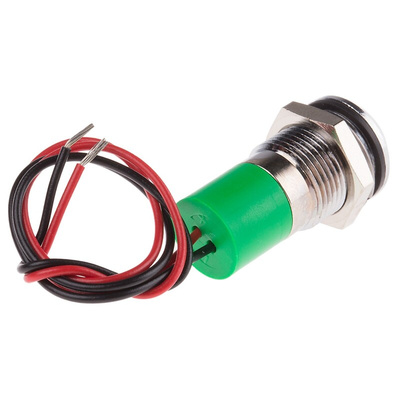 RS PRO Green Panel Mount Indicator, 110V ac, 14mm Mounting Hole Size, Lead Wires Termination, IP67