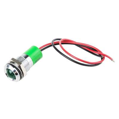 RS PRO Green Panel Mount Indicator, 220V ac, 14mm Mounting Hole Size, Lead Wires Termination, IP67