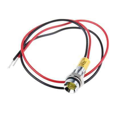 RS PRO Yellow Panel Mount Indicator, 24V dc, 6mm Mounting Hole Size, Lead Wires Termination, IP67