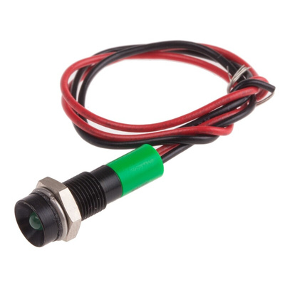 RS PRO Green Panel Mount Indicator, 12V dc, 6mm Mounting Hole Size, Lead Wires Termination, IP67