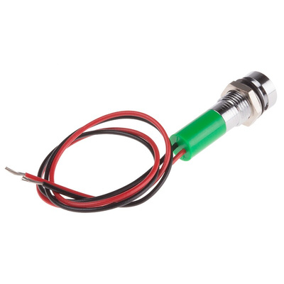 RS PRO Green Panel Mount Indicator, 12V dc, 8mm Mounting Hole Size, Lead Wires Termination, IP67