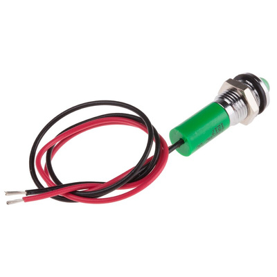 RS PRO Green Panel Mount Indicator, 220V ac, 8mm Mounting Hole Size, Lead Wires Termination, IP67