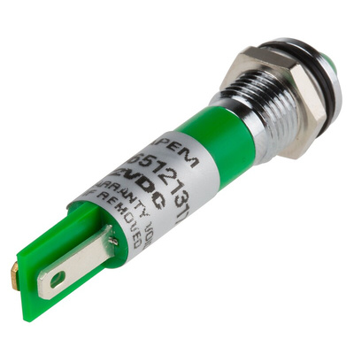 RS PRO Green Panel Mount Indicator, 12V dc, 8mm Mounting Hole Size, Faston, Solder Lug Termination, IP67