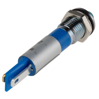 RS PRO Blue Panel Mount Indicator, 12V dc, 8mm Mounting Hole Size, Faston, Solder Lug Termination, IP67