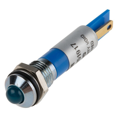 RS PRO Blue Panel Mount Indicator, 12V dc, 8mm Mounting Hole Size, Faston, Solder Lug Termination, IP67
