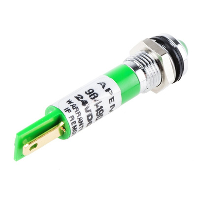 RS PRO Green Panel Mount Indicator, 24V dc, 8mm Mounting Hole Size, Faston, Solder Lug Termination, IP67