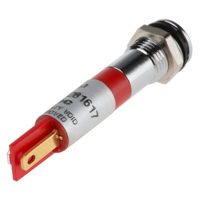 RS PRO Red Panel Mount Indicator, 24V dc, 8mm Mounting Hole Size, Faston, Solder Lug Termination, IP67