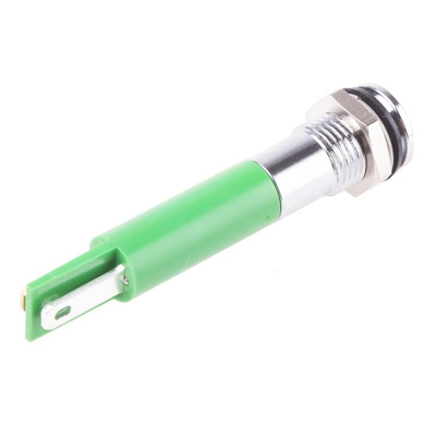 RS PRO Green Panel Mount Indicator, 24V dc, 8mm Mounting Hole Size, Faston, Solder Lug Termination, IP67