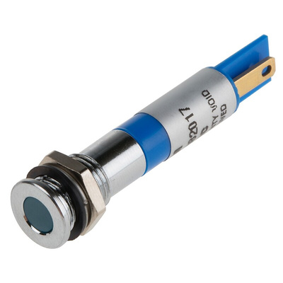 RS PRO Blue Panel Mount Indicator, 24V dc, 8mm Mounting Hole Size, Faston, Solder Lug Termination, IP67