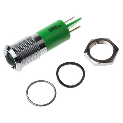RS PRO Green Panel Mount Indicator, 110V ac, 14mm Mounting Hole Size, Faston, Solder Lug Termination, IP67