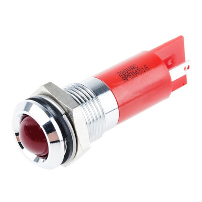 RS PRO Red Panel Mount Indicator, 220V ac, 14mm Mounting Hole Size, Faston, Solder Lug Termination, IP67