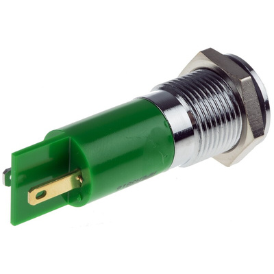RS PRO Green Panel Mount Indicator, 220V ac, 14mm Mounting Hole Size, Faston, Solder Lug Termination, IP67