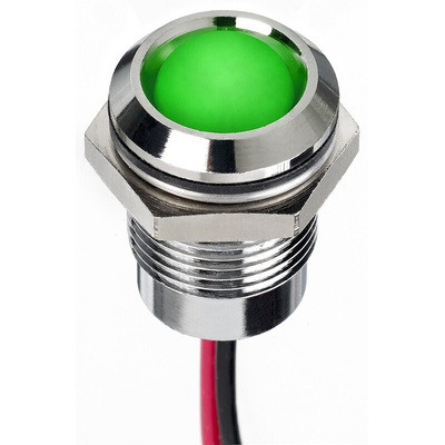 RS PRO Green Panel Mount Indicator, 1.8 → 3.3V dc, 14mm Mounting Hole Size, Lead Wires Termination, IP67