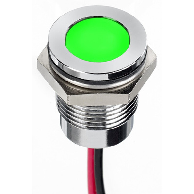 RS PRO Green Panel Mount Indicator, 12V dc, 14mm Mounting Hole Size, Lead Wires Termination, IP67