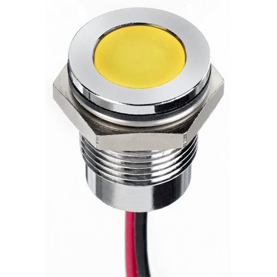 RS PRO Yellow Panel Mount Indicator, 12V dc, 14mm Mounting Hole Size, Lead Wires Termination, IP67