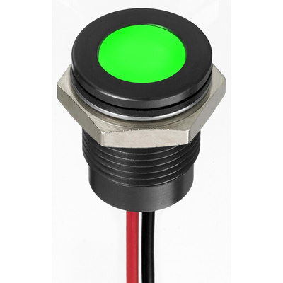 RS PRO Green Panel Mount Indicator, 1.8 → 3.3V dc, 14mm Mounting Hole Size, Lead Wires Termination, IP67