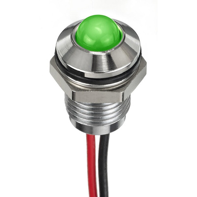 RS PRO Green Panel Mount Indicator, 24V dc, 8mm Mounting Hole Size, Lead Wires Termination, IP67