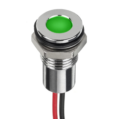 RS PRO Green Panel Mount Indicator, 1.8 → 3.3V dc, 8mm Mounting Hole Size, Lead Wires Termination, IP67