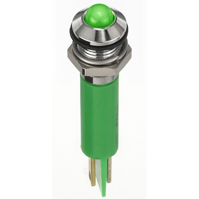 RS PRO Green Panel Mount Indicator, 2V dc, 8mm Mounting Hole Size, Faston, Solder Lug Termination, IP67