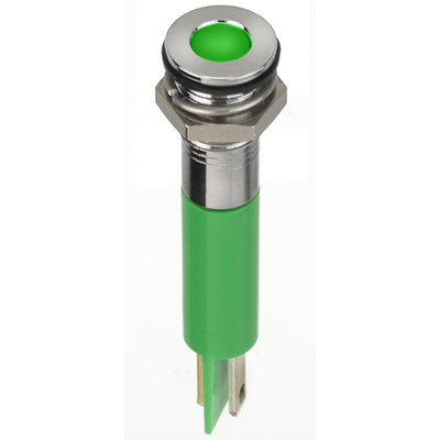 RS PRO Green Panel Mount Indicator, 2V dc, 8mm Mounting Hole Size, Faston, Solder Lug Termination, IP67