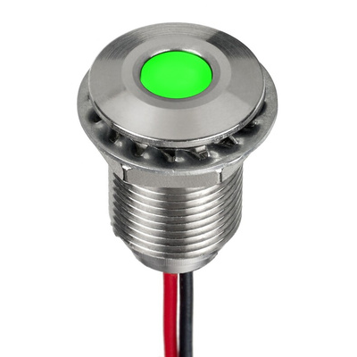 RS PRO Green Panel Mount Indicator, 21.6 → 26.4V dc, 10mm Mounting Hole Size, Lead Wires Termination, IP67