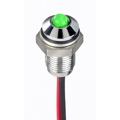 RS PRO Green Panel Mount Indicator, 10.8 → 13.2V dc, 6mm Mounting Hole Size, Lead Wires Termination, IP67