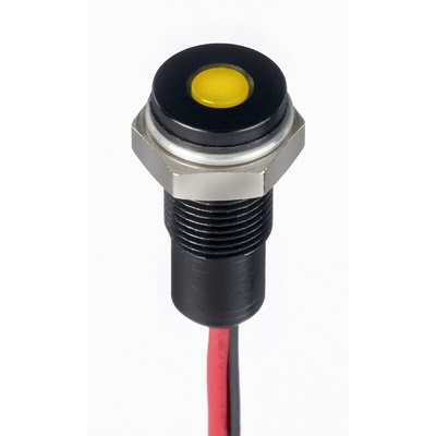 RS PRO Yellow Panel Mount Indicator, 10.8 → 13.2V dc, 6mm Mounting Hole Size, Lead Wires Termination, IP67