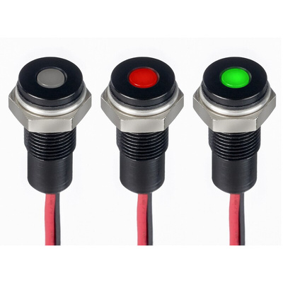 RS PRO Green, Red Panel Mount Indicator, 10.8 → 13.2V dc, 6mm Mounting Hole Size, Lead Wires Termination, IP67