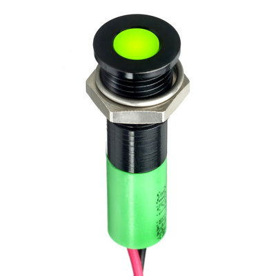 RS PRO Green Panel Mount Indicator, 2V dc, 8mm Mounting Hole Size, Lead Wires Termination, IP67