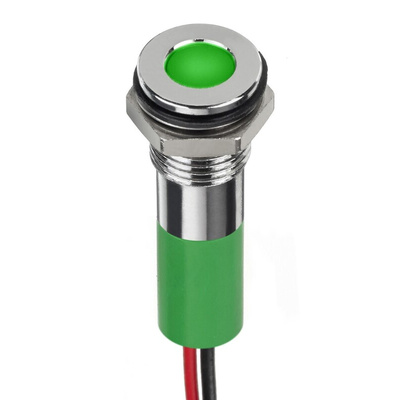 RS PRO Green Panel Mount Indicator, 2V dc, 8mm Mounting Hole Size, Lead Wires Termination, IP67