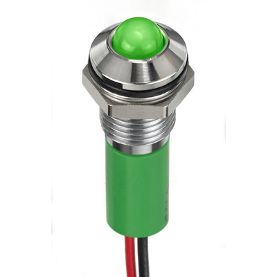 RS PRO Green Panel Mount Indicator, 12V dc, 8mm Mounting Hole Size, Lead Wires Termination, IP67