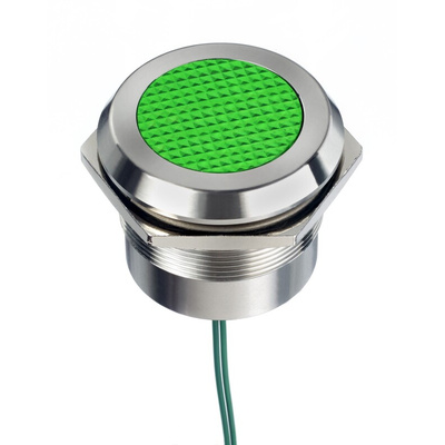 RS PRO Green Panel Mount Indicator, 12 → 24V ac/dc, 30mm Mounting Hole Size, Lead Wires Termination, IP67, IP69K